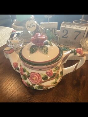 Hand-Painted Rose Ceramic/Porcelain Teapot in Pink and Green